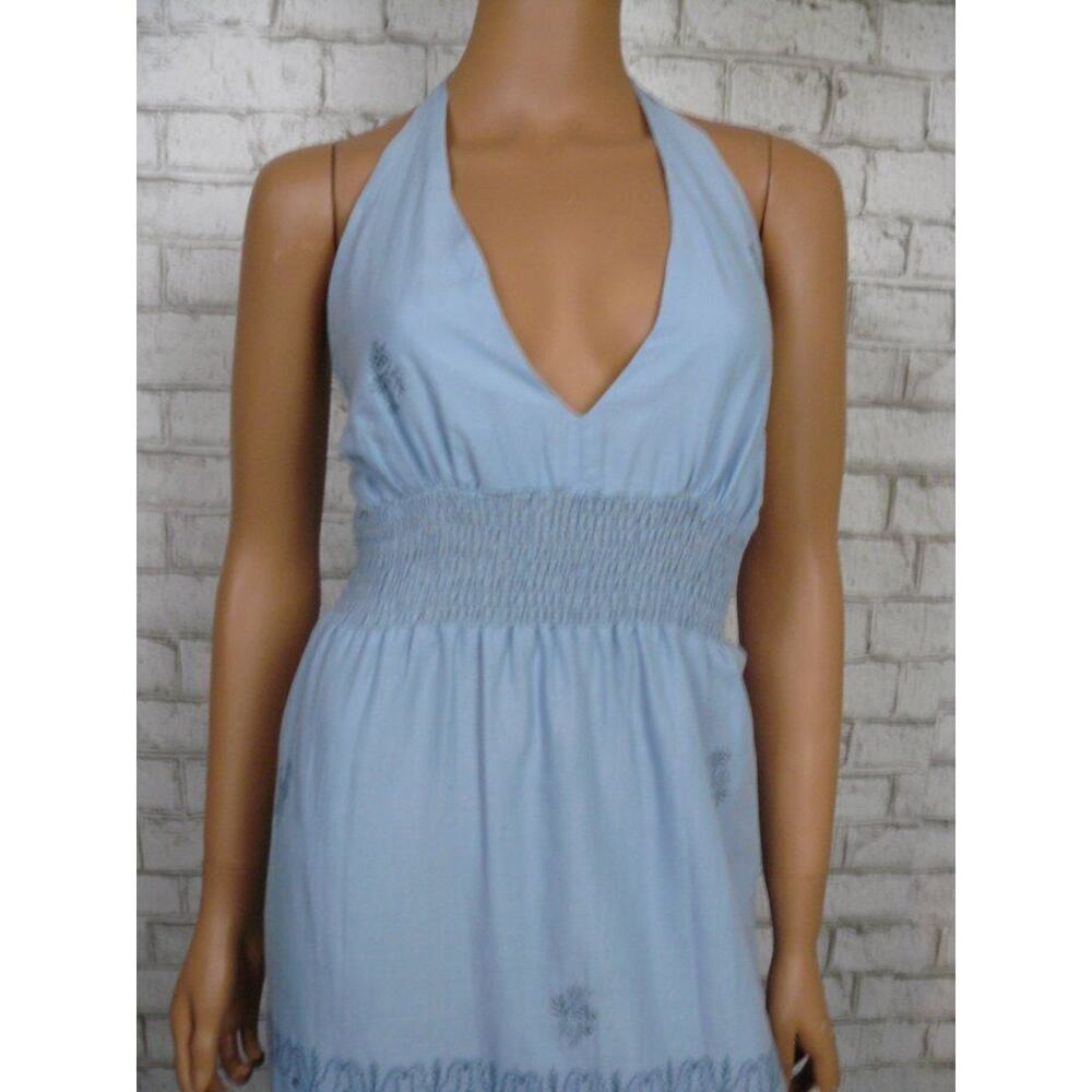 $300 Sky Blue Smocked Boho Silk Embroidered Tiered Halter Maxi Dress XS NEW - Picture 2 of 9